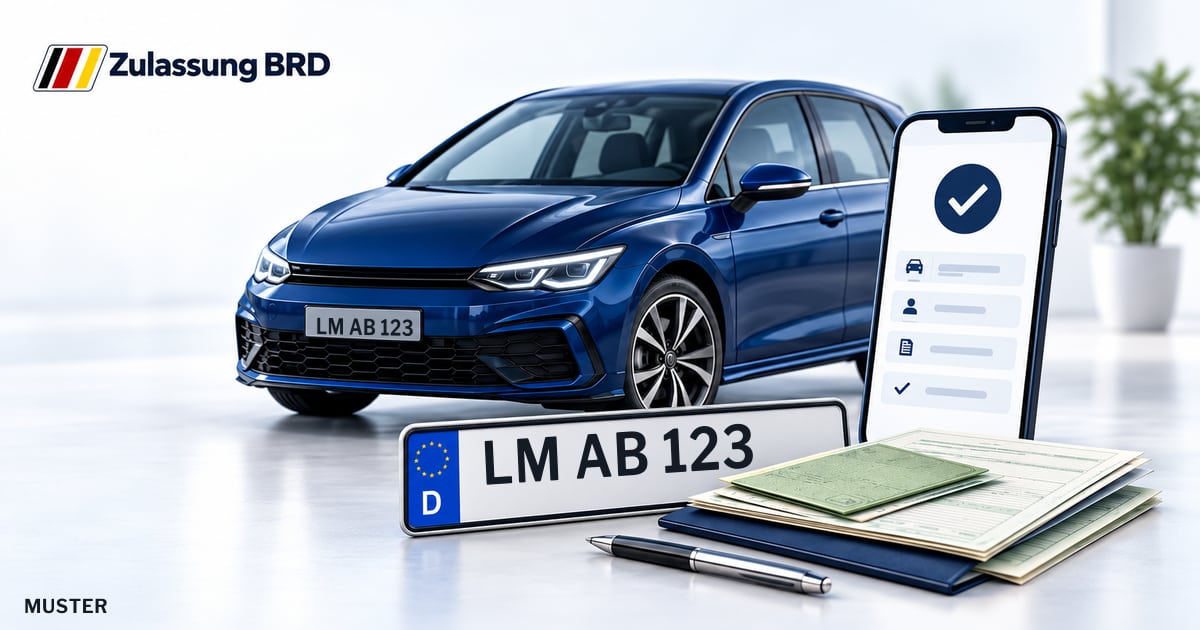 Online Fahrzeugzulassung in Dornburg: Musterkennzeichen LM AB 123, Auto und Fahrzeugpapiere und Smartphone. Illustration mit Logo von Zulassung BRD.